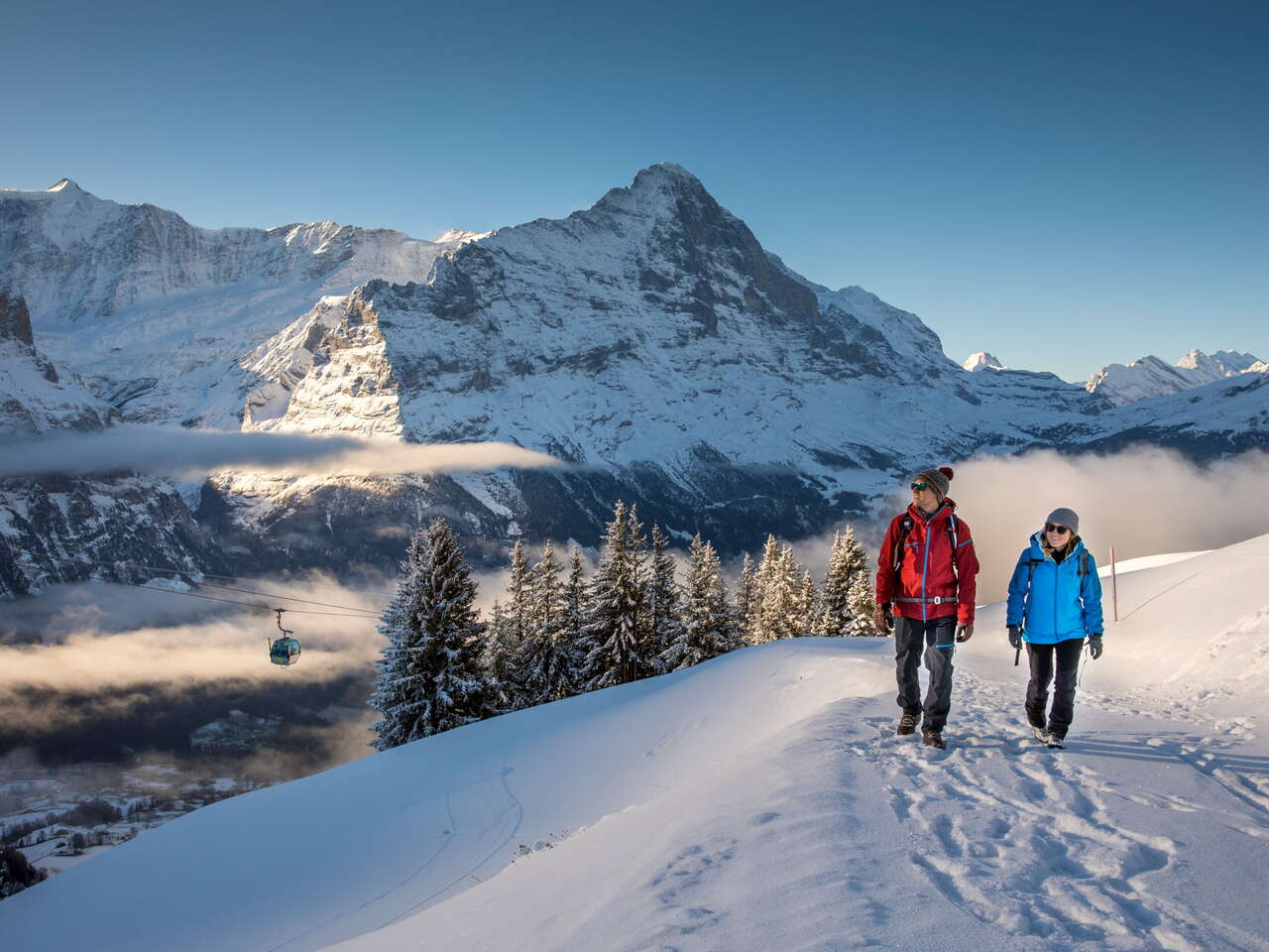 Winterwanderung auf verschneiten Winterwanderwegen rund um Grindelwald. Die Wanderer geniessen den sonnigen Tag und imposanten Ausblick auf den Eiger.