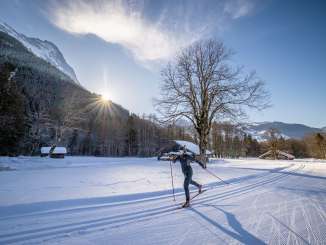 Eine Frau fährt Langlaufski in Grindelwald. Sie ist in Bewegung im Gegenlicht, im Hintergrund ein kahler Baum und mehrere Holzhäuser.