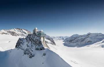 Vue aérienne du Jungfraujoch en hiver. À l'arrière-plan, on aperçoit le glacier d'Aletsch, avec le panorama montagneux en toile de fond.