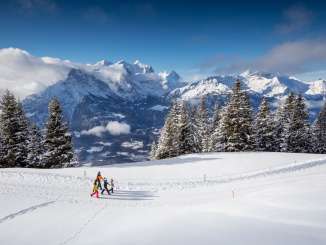 Winterwandern am Hasliberg: Eine Familie unterwegs vor der eindrücklichen Bergkulisse.