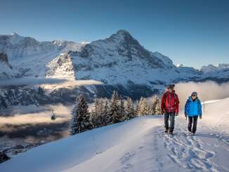 Winterwanderung auf verschneiten Winterwanderwegen rund um Grindelwald. Die Wanderer geniessen den sonnigen Tag und imposanten Ausblick auf den Eiger.