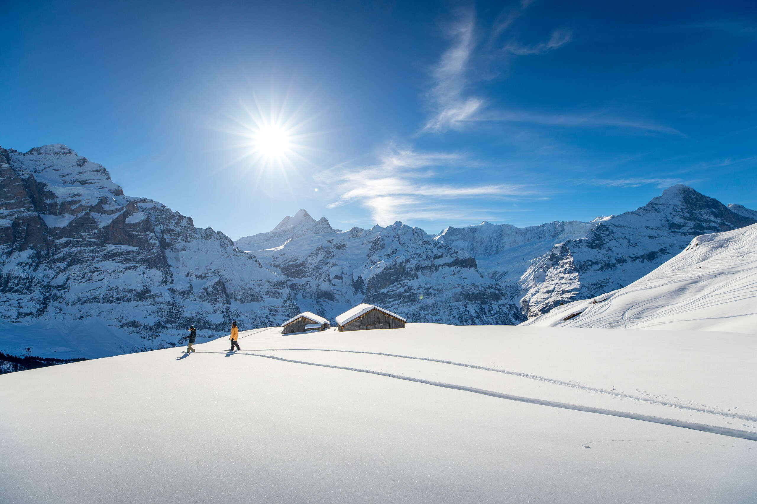 Snowboarder unterwegs im Skigebiet Grindelwald First. Sie hinterlassen ihre Supern im frischen Pulverschnee und geniessen die Aussicht auf das imposante Bergpanorama.